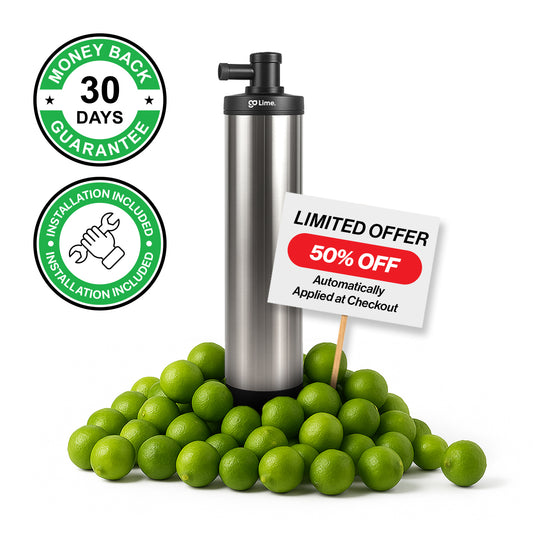 A water filter device is displayed with a bunch of lemons surrounding it, symbolizing clean water. There are also promotional texts indicating a 30 days money back guarantee and a limited offer of 50% off.