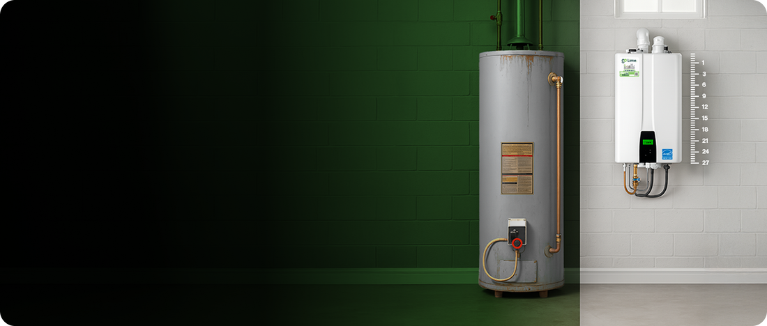 Water heater against a green wall with a white tiled wall in the background