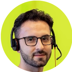 Man wearing headphones with a green circle background