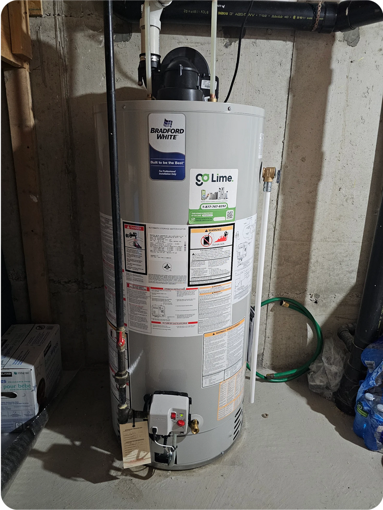 Water heater with labels in a basement setting
